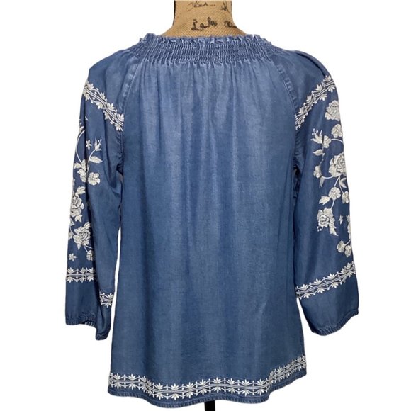 J Jill Denim XS Top Boho Peasant Blouse Smock Neck Heavy Embroider Denim Blue - Picture 4 of 9